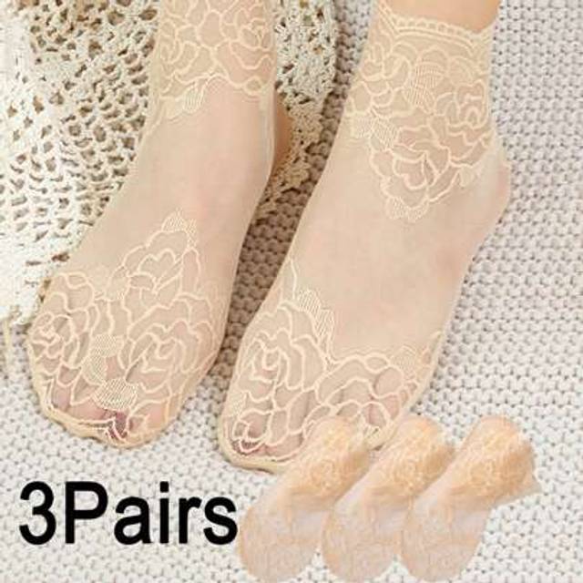 SHEIN 1 Pair/3 Pairs Women Lace Trim Boat Socks, Feather Pattern, Spring/Summer Sheer Mesh Breathable Solid Color Hollow Out Lace Socks