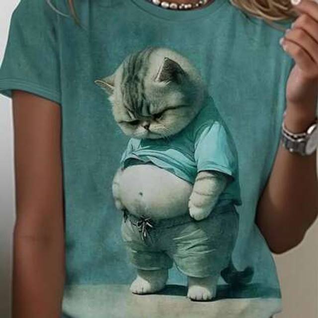 SHEIN Plus Size Women&#39;s Fashionable Cartoon Cat & Beer Print Crew Neck T-Shirt, Summer