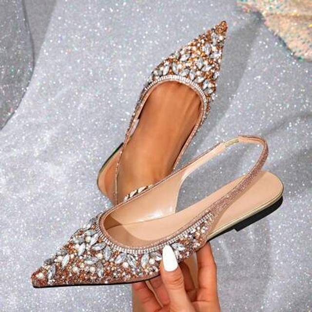 SHEIN New Fashion Rhinestone Pointed Toe Flats For Women, Comfortable Backless Glitter Slip-On Flat Shoes