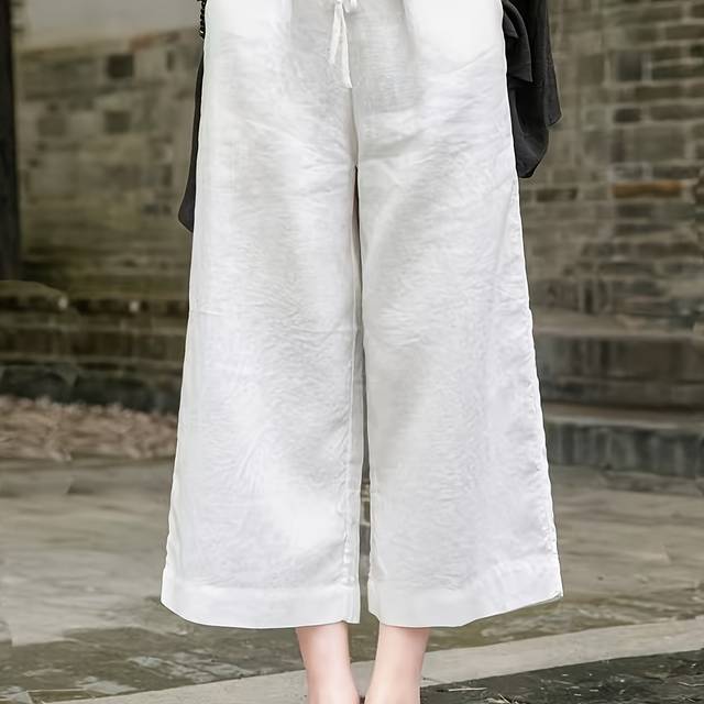 TEMU Women's Casual Linen Cropped Pants With Drawstring - Loose Fit, Breathable Fabric, Elastic Waistband, Straight Leg Design For Spring/summer , Comfortable Clothing, Semitransparent Material