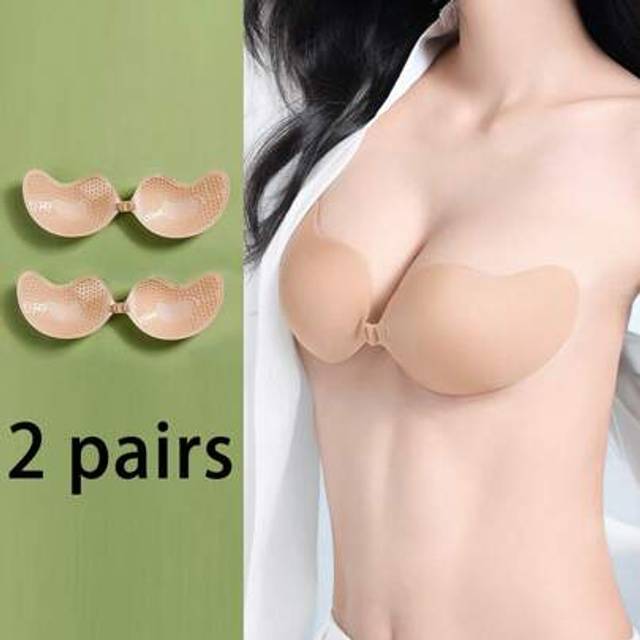 SHEIN 2pairs Invisible Push Up Sticky Bra Women Backless Strapless Bra Seamless Self-Adhesive Silicone Nipple Cover Boob Pads Sticker Wedding Dress Lingerie