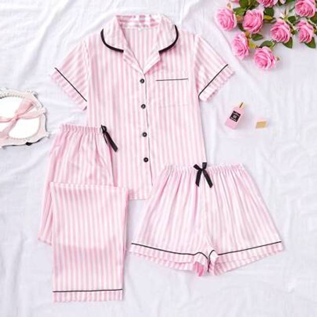 SHEIN 3-Piece Short Sleeve Top & Shorts & Pants Striped Printed Pocket Homewear Set, Women Summer Spring Pajamas, Vacation