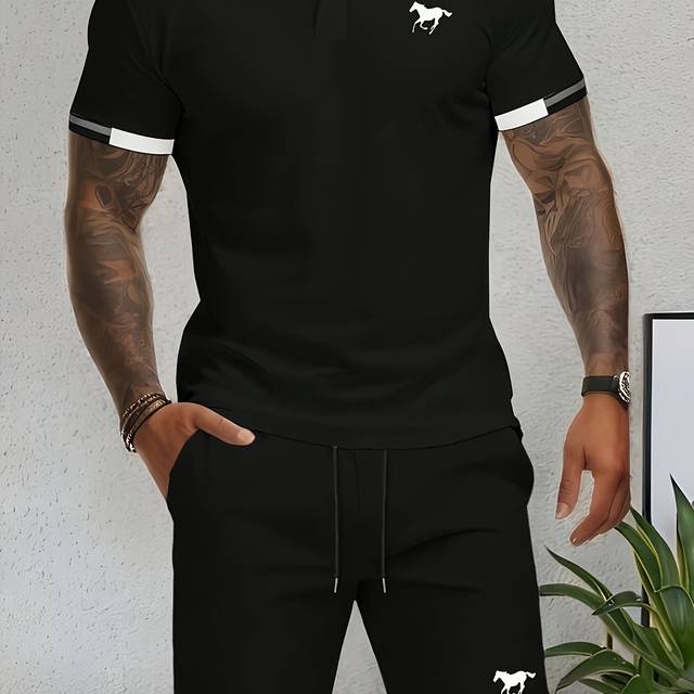 TEMU Men's 2pcs Casual Suit With , Striped Short-sleeved Collared T-shirt And Shorts, Elastic Waistband, Daily Jacket Summer Fashion Set