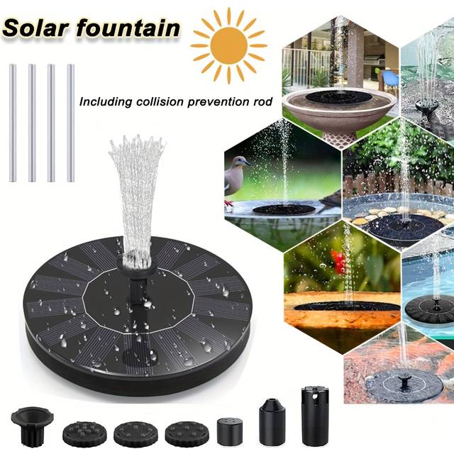 TEMU 1pc Solar Powered Bird Bath Fountain Pump, Solar Fountain With 6 Different Spray Styles And Rods, Designed For Bird Baths, , Suitable For Gardens, , Swimming Pools, Fish Tanks, And Outdoors