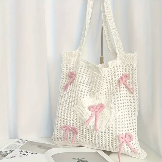 TEMU Preppy Style Crochet Tote Bag With Decoration, Foldable Fashion Beach Bag, Fixed Shoulder Straps, Ultra Lightweight And Breathable, Large Capacity, Suitable For Casual Summer Travel And Beach