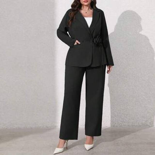 SHEIN Plus Size Women 3D Floral Print Long Sleeve Blazer And Pants 2 Pieces Suit Set Graduation,Back To School,Teacher Outfits For Women