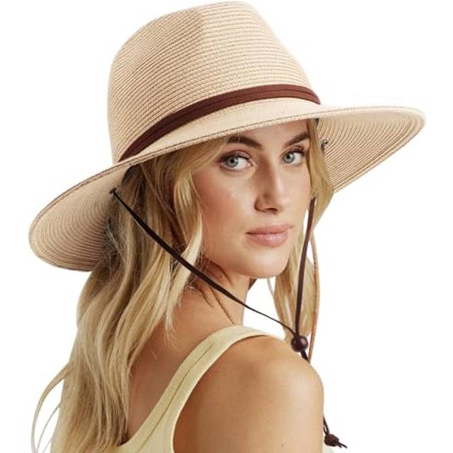 DRESHOW Women Straw Panama Hat Fedora Adjustable Summer Wide Brim Beach Sun Hat with Wind Lanyard UPF 50+