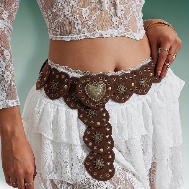 TEMU 1pc Vintage Western Tribal Heart Splicing Belt, Y2k Fashionable Casual Waistband, For Daily & Weekend Wear, Non-textile Material, No Feathers - Size