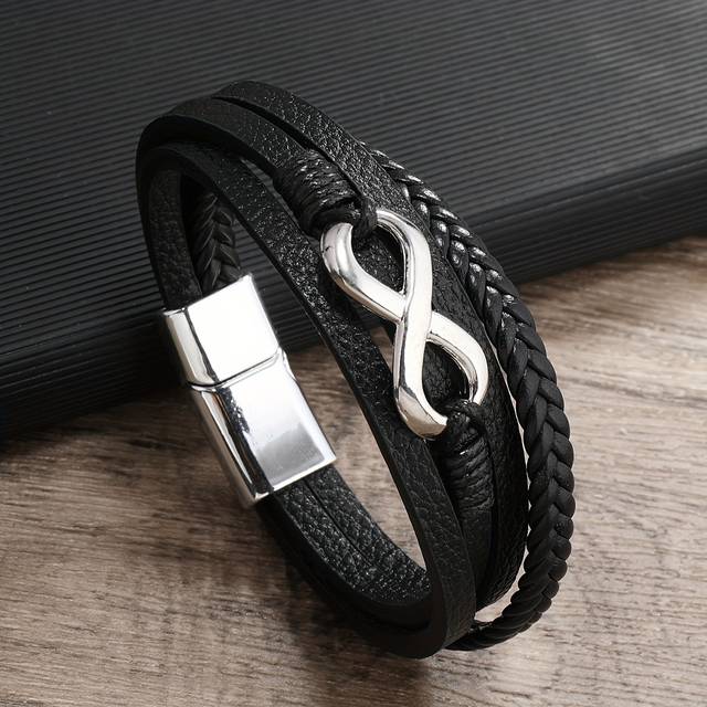TEMU 1pc Men's Fashionable Leather Hand-woven Bracelet With Magnetic Clasp, Endless , No Pendant - Stylish Accessory