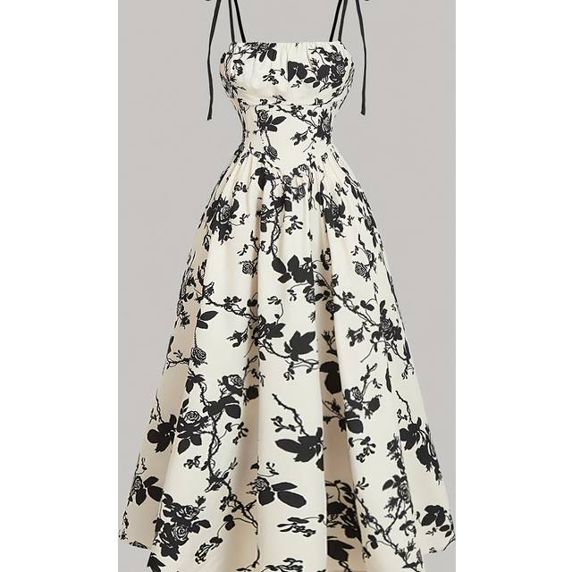 TEMU Elegant Floral Neck Dress For Women - Sleeveless A-line Midi With Lace-up Detail, Spring/summer/fall Fashion, White With Blue Floral Patterns, Floral Dress