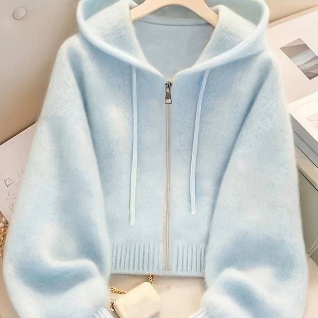 TEMU Women' Blue Hooded Cardigan - Cozy Zip-up Pullover With Ribbed Cuffs, Casual Fall/winter Layering Piece, Soft & Comfortable Fabric, Casual Attire, Cozy Clothing | Zippered Hoodie | Texture