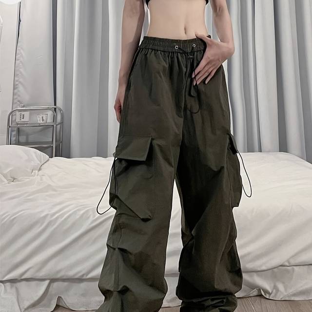 TEMU Women's Y2k Hip-hop Cargo Pants With High Waist Drawstring & Flap Pockets - Loose Straight Leg Wide Leg Design, Olive Green, Casual Retro Streetwear For Jogging & Outdoor, Jogging Pants,