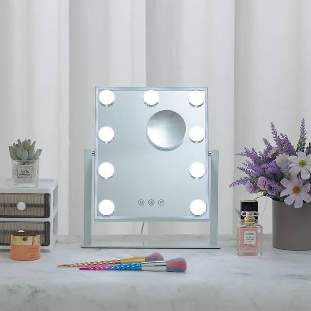 TEMU 1pc New Led Light Ball Plug-in Makeup Mirror With Magnifying , Smart 9-light Ball Touch Adjustment Beauty Mirror, Send Usb Cable, Warm White Light Three-color Dimmable Makeup Mirror