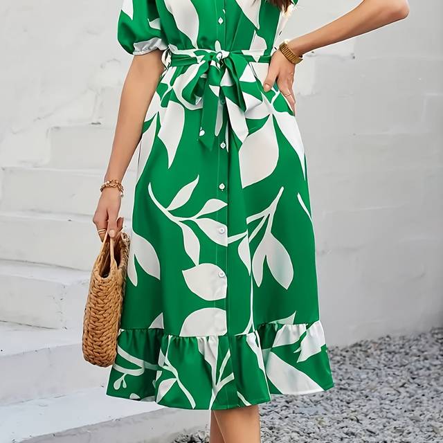 TEMU Elegant Women's Floral Print Shirt Dress - Chic , Short Sleeve With Ruffle Hem, Button-up Collared Design, Polyester , Machine Washable - Ideal For Spring/fall