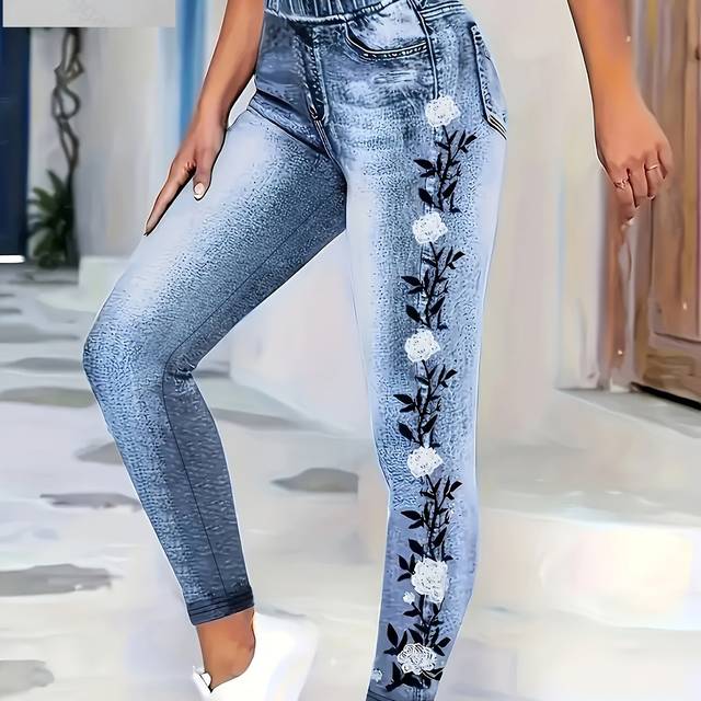 TEMU Women's Plus Size Floral Print Stretch Denim-look Leggings - Elegant High-waisted Skinny Casual Pants With Pockets, Spring/summer Collection, Hand Wash Or , High Waisted Leggings