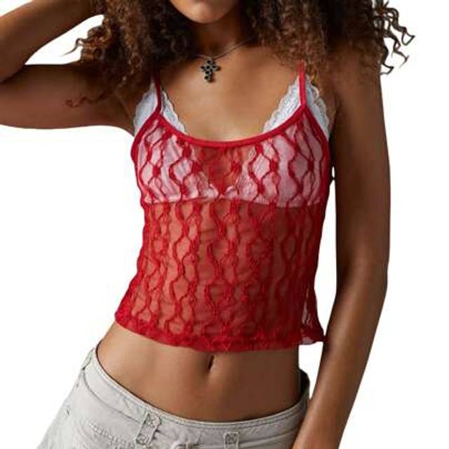 SHEIN Womens Sheer Mesh Cami Tops Slim Lace Embroidery See Through Square Neck Sleeveless Solid Short Vest For Summer