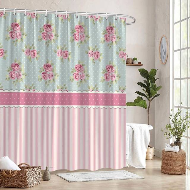 TEMU 1pc Vintage Floral & Striped Shower Curtain - Pink Roses, Green Leaves, Vertical Stripes, Polyester, 70x70 Inches, Includes 12 Hooks, , Elegant Bathroom Decor, Shower Curtain For Bathrooms