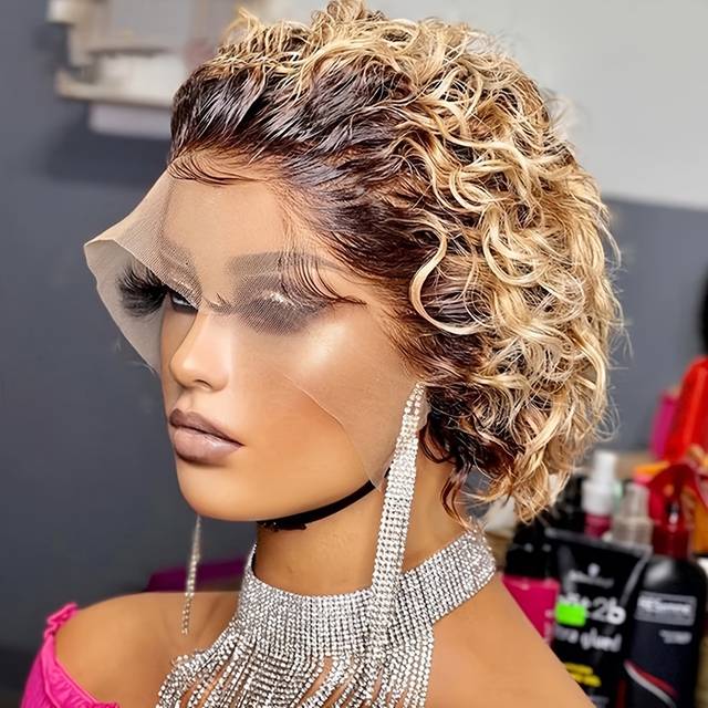 TEMU 6-inch Natural Black Curly Cut Lace Front Wig For Women, 13x1 Hd Plucked Human Hair, Curls With Hairs, Elegant Style For Everyday Or Special Occasions