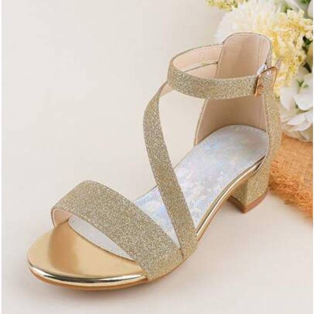 SHEIN Girls Glitter Shiny Gold Summer Ankle Strap Sandals, Toddler/Kids Party Wedding Flower Girl High Heel Dress Shoes, Open Toe Comfortable Lightweight Si
