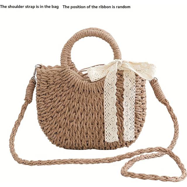 TEMU Summer Beach Bag Top Recommendation - Handmade Grass Woven Bag - Fashionable Woven Bag - Detachable Shoulder Strap-2 Colors From