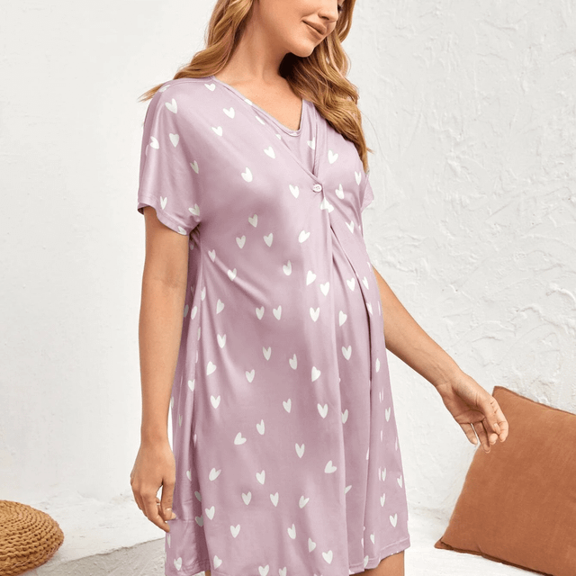 TEMU Maternity Nursing Dress With Open Front, Short Sleeve Sleepwear For Breastfeeding