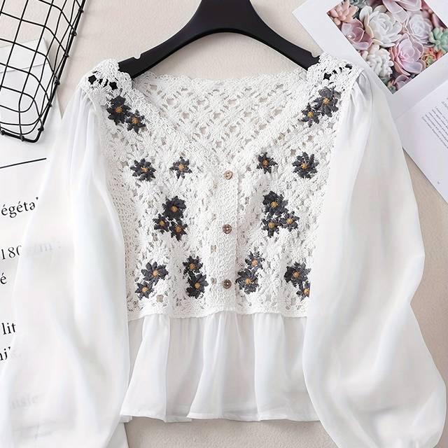 TEMU [elegant Crochet Lace Cardigan] Elegant Long Sleeve Crochet Lace Cardigan- Semi-sheer Chiffon, Floral Embroidery, Delicate , For Women- Spring/fall