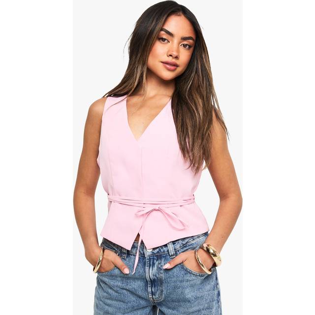 Womens Tie Waist Tailored Waistcoat - Pink - 10, Pink