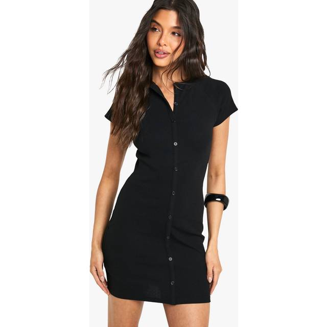 Womens Rib Button Down Cap Sleeve Mini Dress - Black - 14, Black