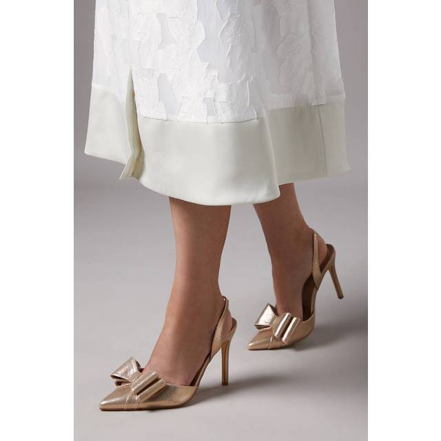 Wide Fit Tamara Metallic Textile Satin Bow Slingback High Stiletto Heel Court Shoes - Gold - 7