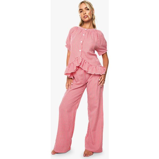 Womens Gingham Oversized Frill Detail Short Sleeve Shirt & Trousers Pyjama Set - Red - 16, Red
