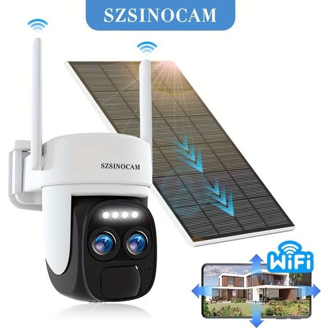 TEMU 1pc 2.4g Wifi Solar Security Cameras Wireless Outdoor Battery Powered, 360° Wireless Cameras With Spotlight Siren, 2-way Talk, Color Night For , White