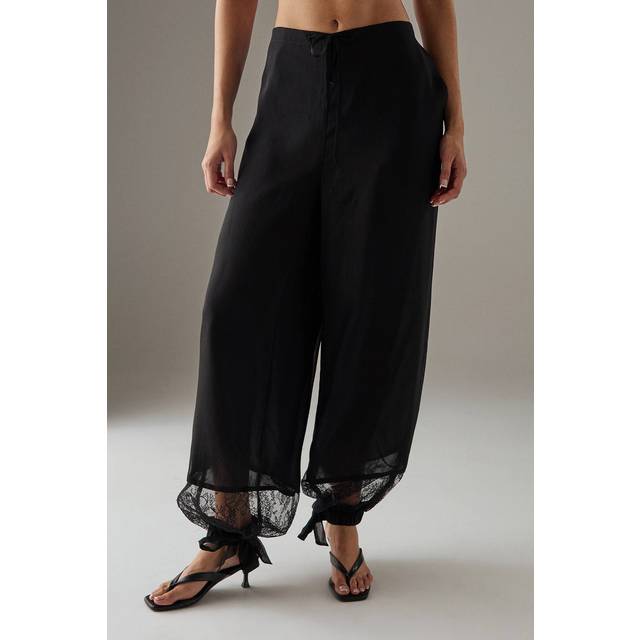 Womens Lace Insert Chiffon Cuffed Trousers - Black - 16