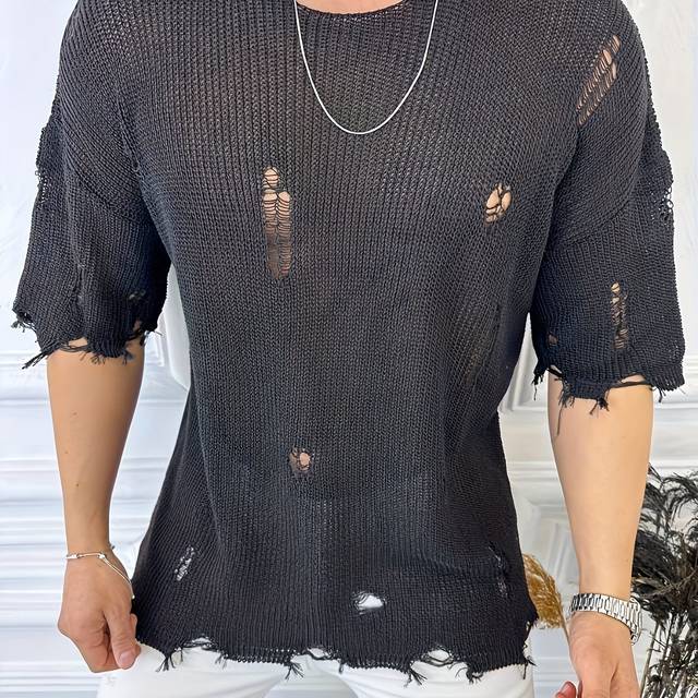 TEMU Men's Loose Knit Sweater Suitable For 11 Festivals, Summer Thin Style With Hollow Out And Ripped Details