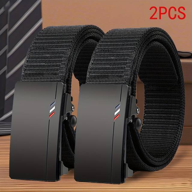 TEMU 2pcs Men' Canvas Belts With Alloy Automatic - Geometric Embossed Adventure Design, Durable Outdoor Hiking Belts For Casual Denim Jeans, Standard Size, Hiking Accessories, Sturdy Construction