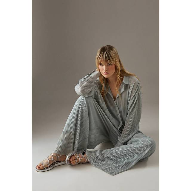 Warehouse Plisse High Waisted Wide Leg Trousers In Grey - grey - 8