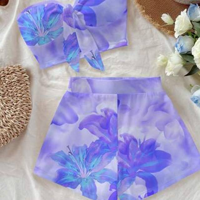 Soleia Women Casual Bow Front Bandeau Top And Form-Fitting Mini Shorts Set, Suitable For Summer, Hibiscus Purple, Fit For Vacation