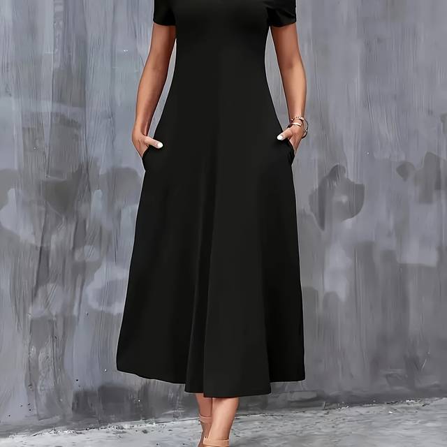 TEMU Women' Black A-line Midi Dress With Short Sleeves And V-neck - Casual For Spring, Summer, And Fall, Casual Dress||pocketed Dress