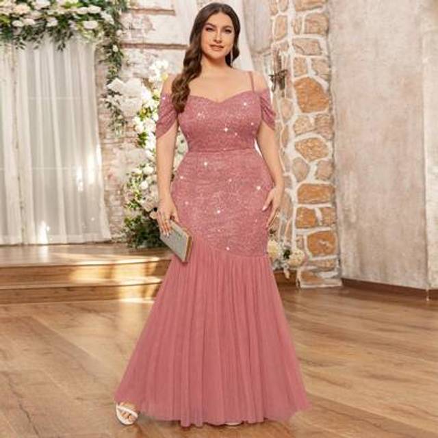 SHEIN Plus Off Shoulder Sequin Floral Lace Contrast Mesh Ruffle Mermaid Hem Evening Party Long Dress, Elegant Formal Evening Gown, Homecoming Dress, Prom Dr
