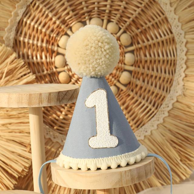 TEMU Handmade Glittery Birthday Party Hat - Blue, Green, Brown Pom-pom Decorations With Ribbons For First Birthday Celebrations And Dinosaur-themed Parties, Best For Christmas