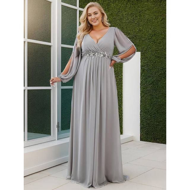 (grey, 4XL) Ever-pretty Women&apos;s V-neck A-line Chiffon Plus Size Evening Dresses With Long Lantern Sleeves