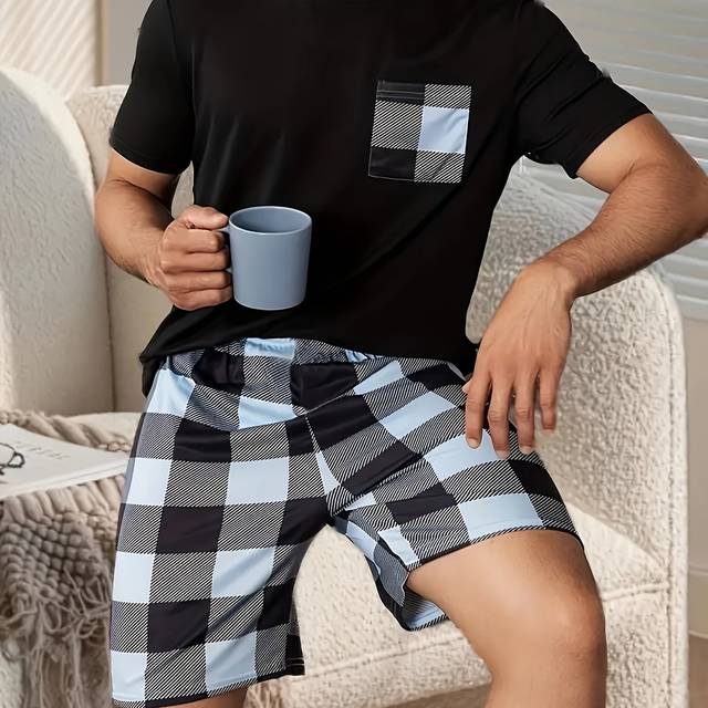 TEMU Men's Casual Pajama Set, Round Neck T-shirt And Shorts, Machine Washable