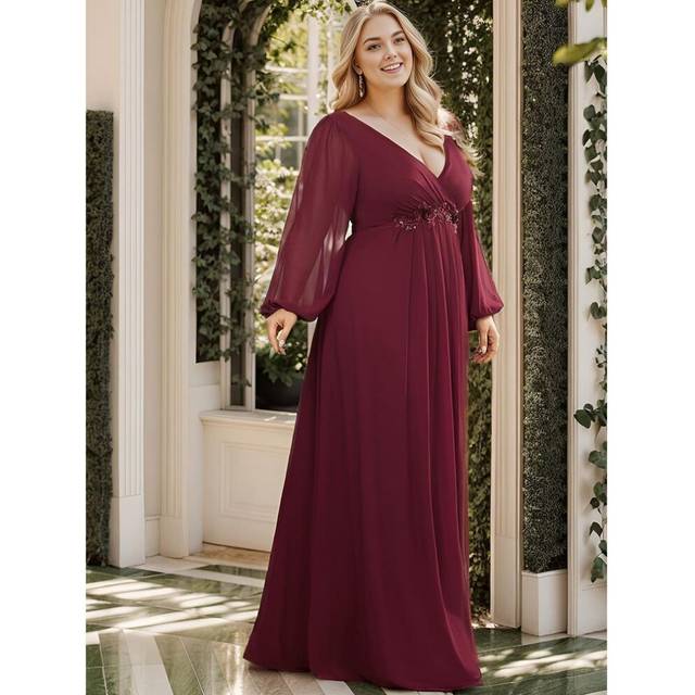(burgundy, 4XL) Ever-pretty Women&apos;s V-neck A-line Chiffon Plus Size Evening Dresses With Long Lantern Sleeves