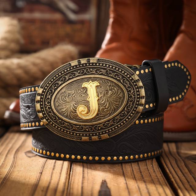 TEMU Bh Vintage Western Style Embossed Letter A Belt, Leather With Metal , Adjustable For Men, Women, And Teens, Casual Fashion Accessory