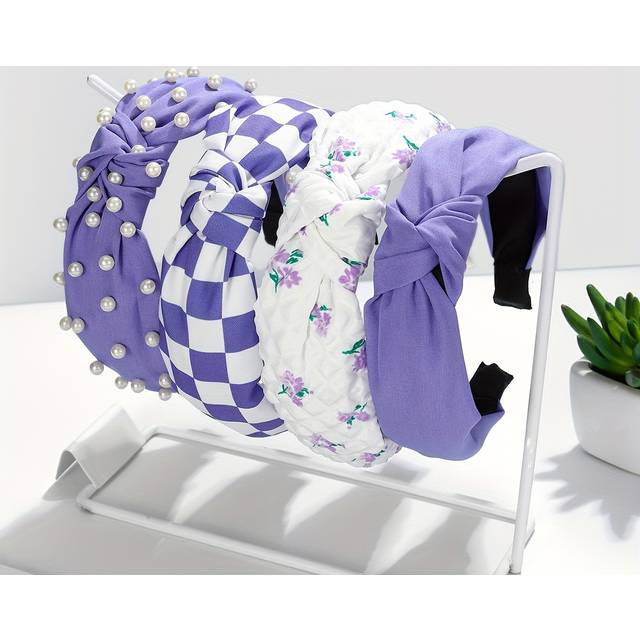 TEMU 4pcs Elegant Fabric Knot Headbands - Checkerboard & Floral Patterns With Embellishments, Purple & Scheme, Valentine’s Day Or