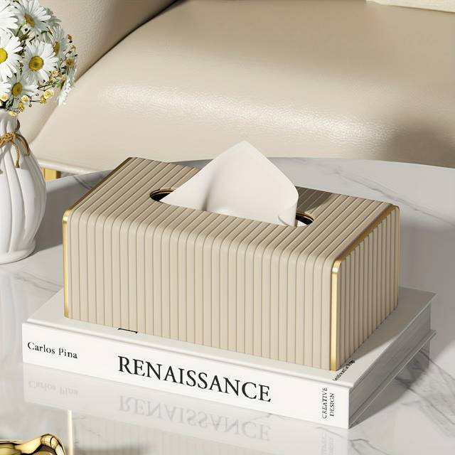 TEMU Elegant Nordic Style Leather Tissue Box Cover With Italian Stripes – Rectangular Design In White & Golden For Living Room, Dining Area, Or Bathroom Decor, Bathroom Wall Decor
