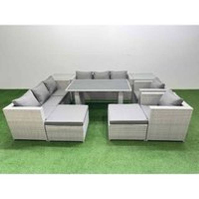 10 Seater Wicker pe Rattan Furniture Outdoor Dining Table 3 Seater Sofa Armchair Set with 2 Side Tables 2 Big Stools Light Grey - Fimous