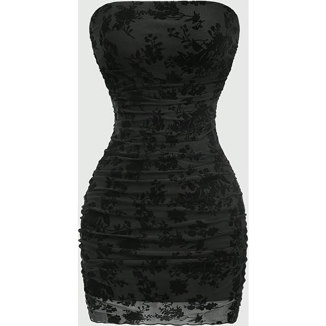 TEMU Elegant Black Velvet Floral Print Sleeveless Mini Dress For Women - Bodycon, Lace-up Detail, Summer, Adult Fashion, Elegant Attire|floral Print Dress|velvet Texture