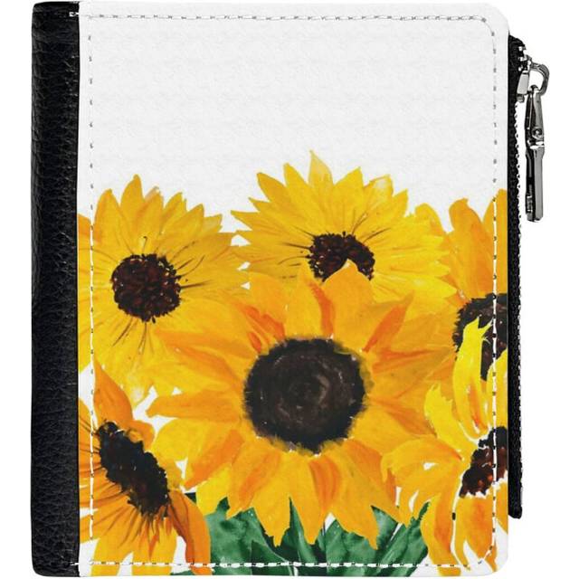 (Painted Sunflower Bouquet_44) PU Wallet Compact Bifold with Zipper & Multiple Card Coins Slots Black Stylish Durable Graphic Design Print for Men Wom