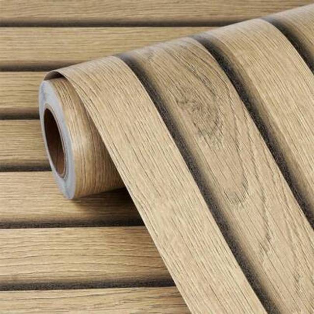 SHEIN 1 Roll Of Beige Striped Home Decor Wallpaper, Waterproof And Oil-Proof Kitchen Decor, Self Adhesive Removable PVC Wooden Pattern Wallpaper. Peel And S