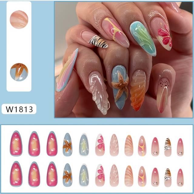 TEMU Chic -shaped Press-on Nails With 3d Blue Starfish & Shell Accents – Sweet, , Medium Length With , Wave